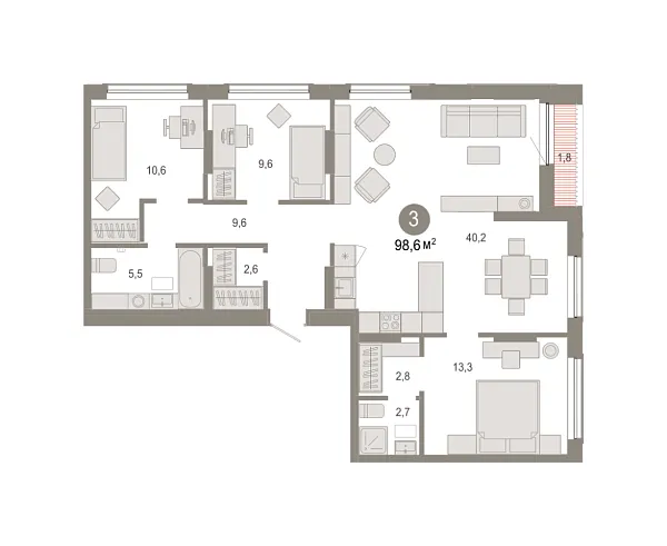 Новая 3-к квартира
 98.55 м² на 2/9 этаже в ЖК «Октябрьский на Туре» в городе Тюмень 