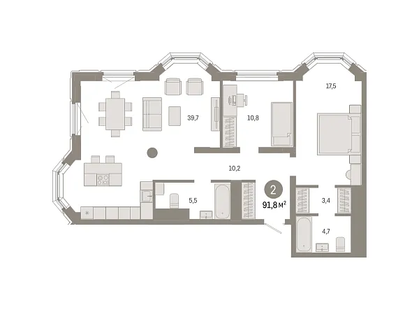 Новая 2-к квартира
 91.8 м² на 18/24 этаже в ЖК «На Некрасова» в городе Тюмень 