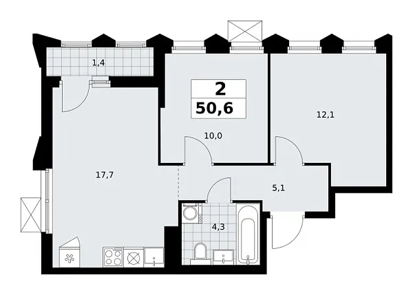 Новая 2-к квартира
 50.6 м² на 14/17 этаже в ЖК «Деснаречье» в городе Тюмень 