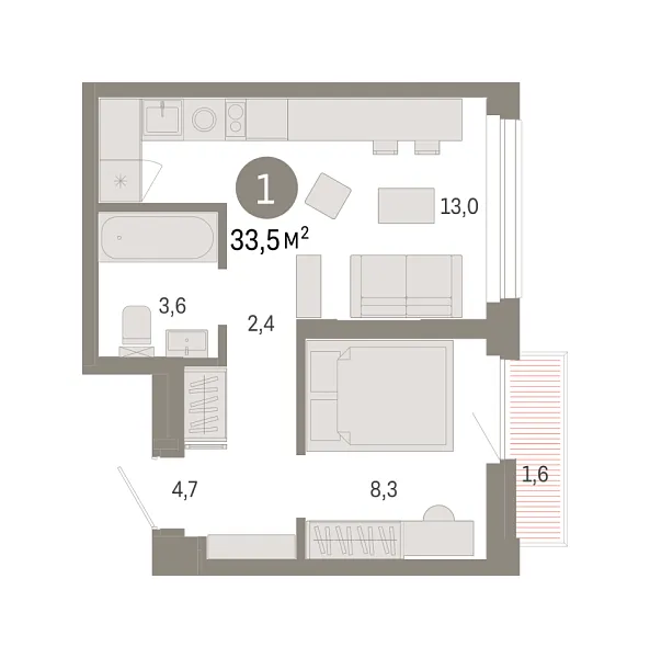 Новая 1-к квартира
 33.53 м² на 19/25 этаже в ЖК «Зарека» в городе Тюмень 