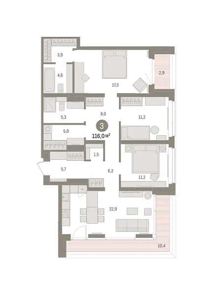 Новая 3-к квартира
 116 м² на 3/16 этаже в ЖК «Кварталы «На Минской»» в городе Тюмень 