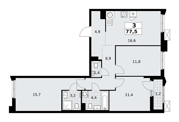 Новая 3-к квартира
 77.5 м² на 3/16 этаже в ЖК «Деснаречье» в городе Тюмень 