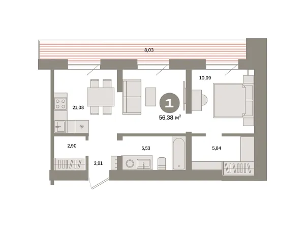 Новая 1-к квартира
 56.38 м² на 6/9 этаже в ЖК «Речной порт» в городе Тюмень 