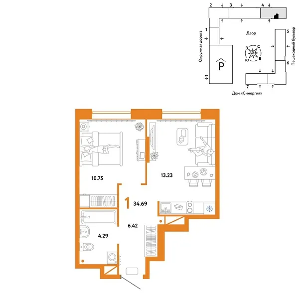 Новая 1-к квартира
 34.69 м² на 16/16 этаже в ЖК «Юнион» в городе Тюмень 