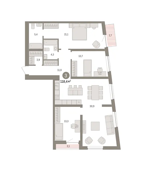 Новая 3-к квартира
 118.5 м² на 7/10 этаже в ЖК «Речной порт» в городе Тюмень 
