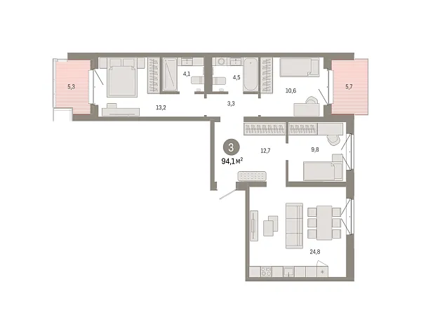 Новая 3-к квартира
 94.07 м² на 7/8 этаже в ЖК «Кварталы «На Минской»» в городе Тюмень 