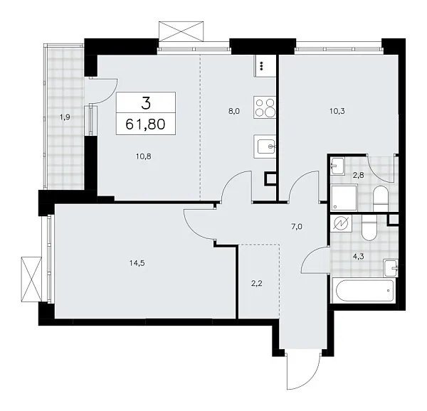 Новая 3-к квартира
 61.8 м² на 2/16 этаже в ЖК «Скандинавия» в городе Тюмень 