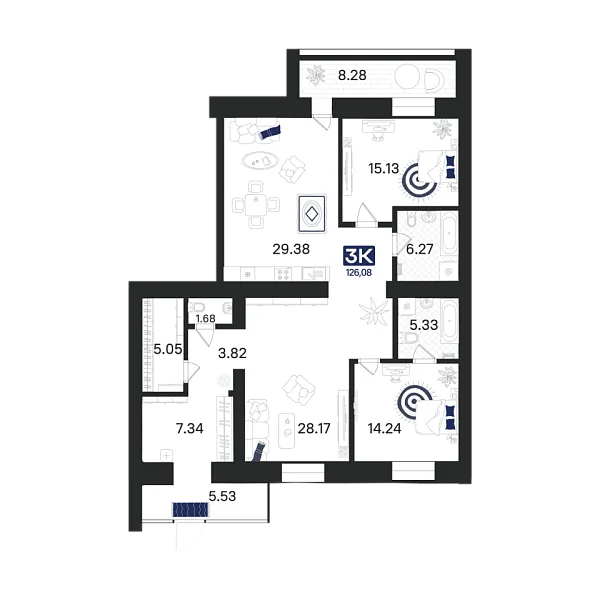 Новая 3-к квартира
 126.08 м² на 1/9 этаже в ЖК «Ария» в городе Тюмень 