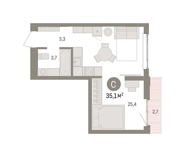 Новая квартира-студия
 35.1 м² на 12/16 этаже в ЖК «Квартал «Траектория»» в городе Тюмень 
