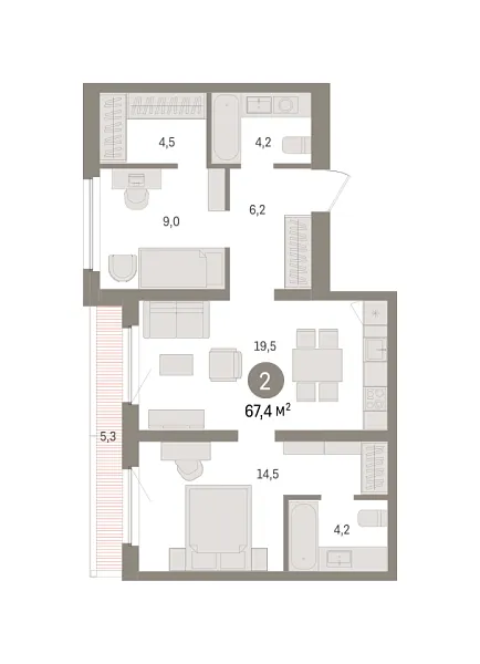 Новая 2-к квартира
 67.41 м² на 7/8 этаже в ЖК «Зарека» в городе Тюмень 