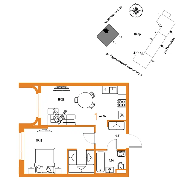 Новая 1-к квартира
 47.16 м² на 23/30 этаже в ЖК «Страна.Тополёвая» в городе Тюмень 