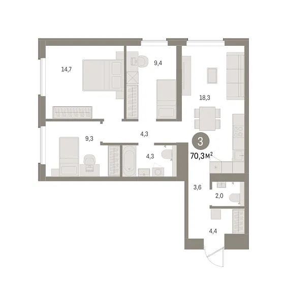 Новая 3-к квартира
 70.3 м² на 3/9 этаже в ЖК «Северный ветер» в городе Тюмень 