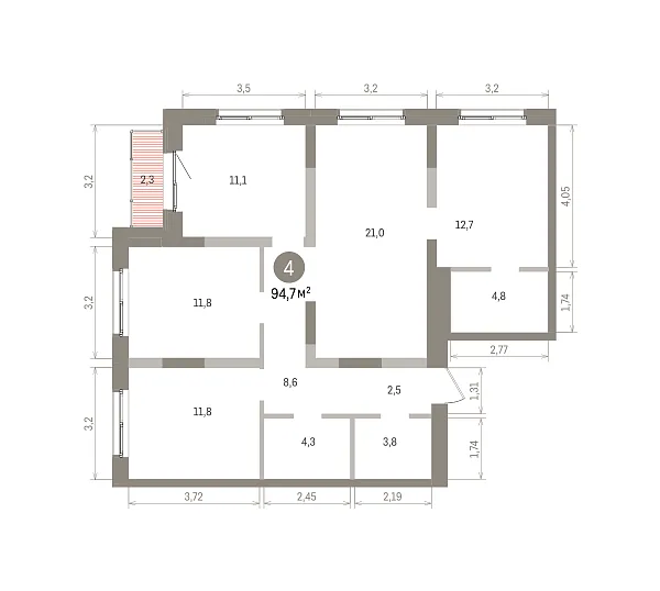 Количество комнат: 4,  94.7 кв.м.