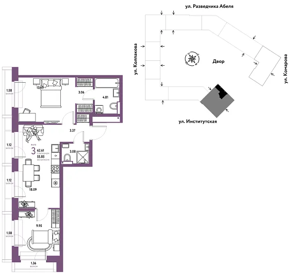 Новая 3-к квартира
 62.61 м² на 13/26 этаже в ЖК «Страна.Парковая» в городе Тюмень 