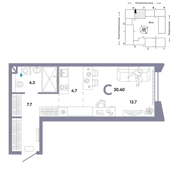Новая квартира-студия
 30.4 м² на 19/30 этаже в ЖК «Страна.Озёрная» в городе Тюмень 