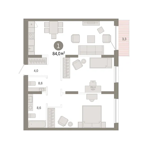 Новая 1-к квартира
 84.02 м² на 4/17 этаже в ЖК «Республики 205» в городе Тюмень 