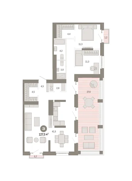 Новая 3-к квартира
 127.5 м² на 24/31 этаже в ЖК «Квартал «Метроном»» в городе Тюмень 