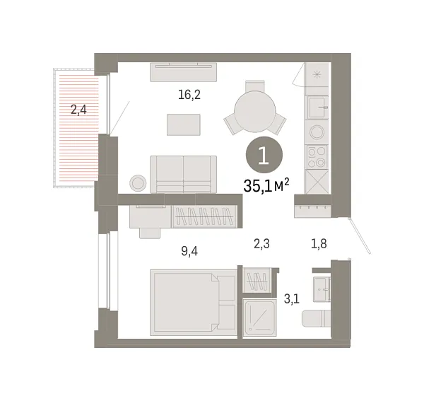 Новая 1-к квартира
 35.1 м² на 8/8 этаже в ЖК «Зарека» в городе Тюмень 