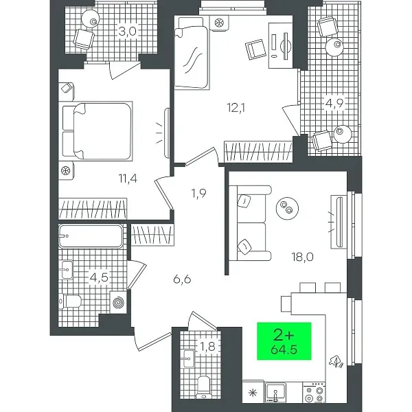 Количество комнат: 2,  64.57 кв.м.