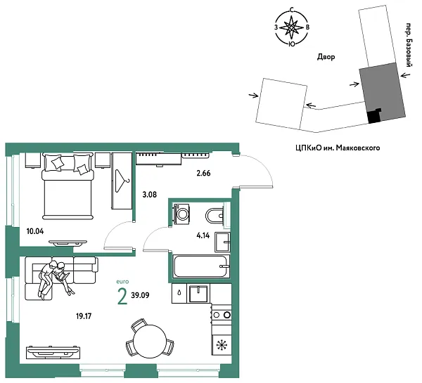 Новая 2-к квартира
 39.09 м² на 2/25 этаже в ЖК «Сибирский сад» в городе Тюмень 
