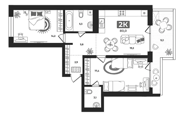Новая 2-к квартира
 77.7 м² на 10/23 этаже в ЖК «Маэстро» в городе Тюмень 