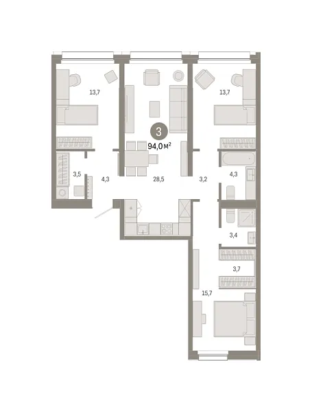 Новая 3-к квартира
 94 м² на 2/9 этаже в ЖК «Квартал Нефть» в городе Тюмень 