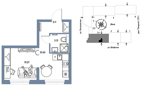 Новая квартира-студия
 25.63 м² на 15/24 этаже в ЖК «Страна.Энтузиастов» в городе Тюмень 
