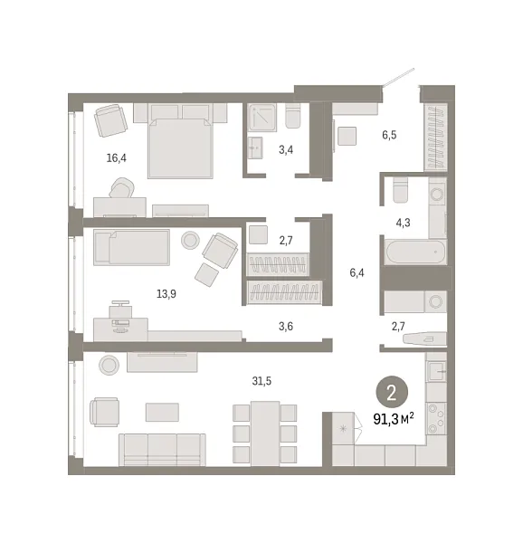 Новая 2-к квартира
 91.28 м² на 7/18 этаже в ЖК «Республики 205» в городе Тюмень 