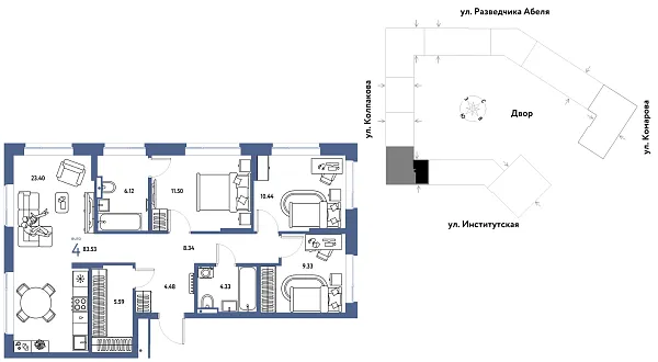 Новая 4-к квартира
 83.53 м² на 12/26 этаже в ЖК «Страна.Парковая» в городе Тюмень 