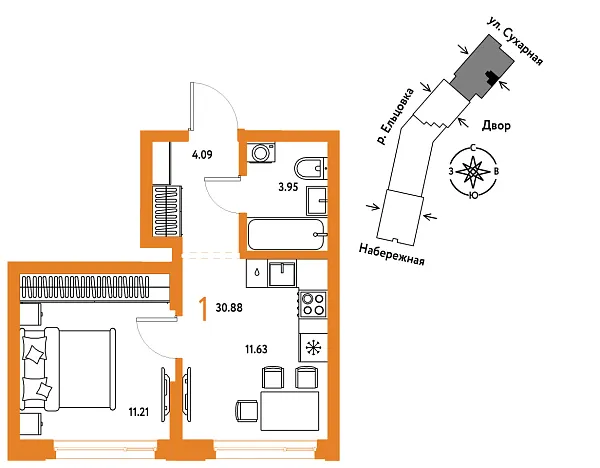 Новая 1-к квартира
 30.88 м² на 24/29 этаже в ЖК «Страна.Береговая» в городе Тюмень 