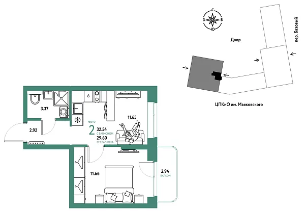 Новая 2-к квартира
 32.54 м² на 14/25 этаже в ЖК «Сибирский сад» в городе Тюмень 
