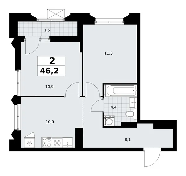 Новая 2-к квартира
 46.2 м² на 13/16 этаже в ЖК «Деснаречье» в городе Тюмень 