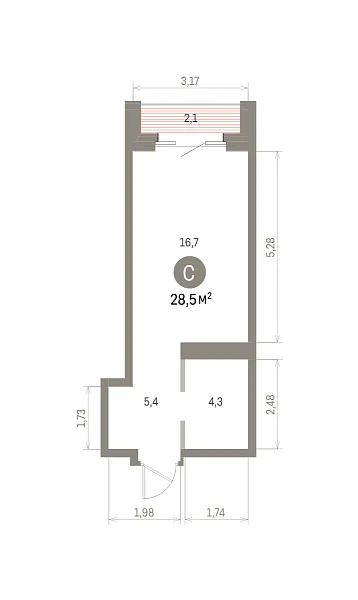 Количество комнат: Студия,  28.5 кв.м.