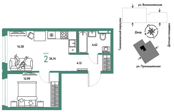 Новая 2-к квартира
 36.14 м² на 17/20 этаже в ЖК «Страна.Прибрежная» в городе Тюмень 