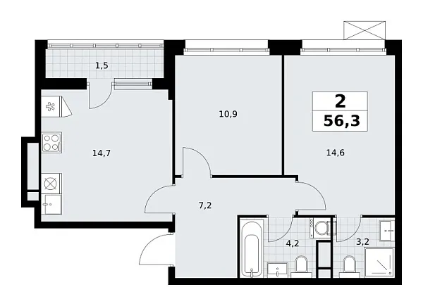 Новая 2-к квартира
 56.3 м² на 7/9 этаже в ЖК «Родные кварталы» в городе Тюмень 