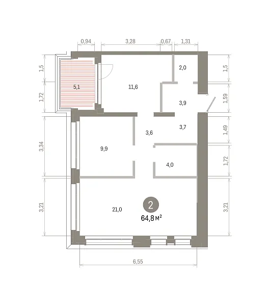 Количество комнат: 2,  64.8 кв.м.