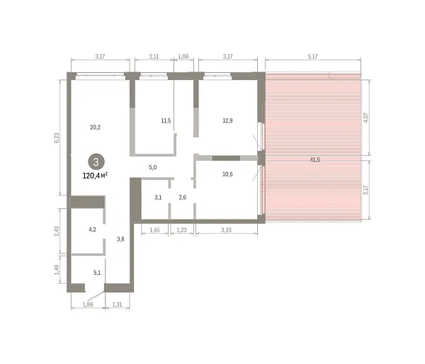 Количество комнат: 3,  120.38 кв.м.