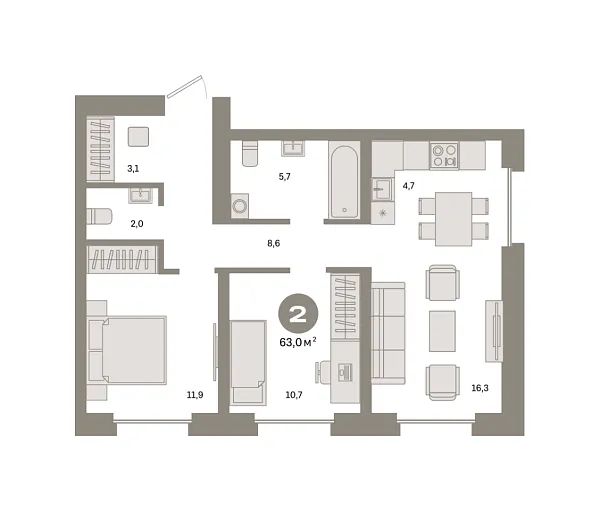 Новая 2-к квартира
 63 м² на 7/24 этаже в ЖК «Квартал «Метроном»» в городе Тюмень 
