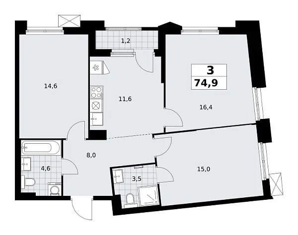 Новая 3-к квартира
 74.9 м² на 5/16 этаже в ЖК «Деснаречье» в городе Тюмень 