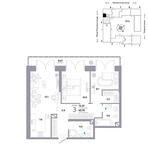 Новая 3-к квартира
 72.37 м² на 8/30 этаже в ЖК «Страна.Озёрная» в городе Тюмень 