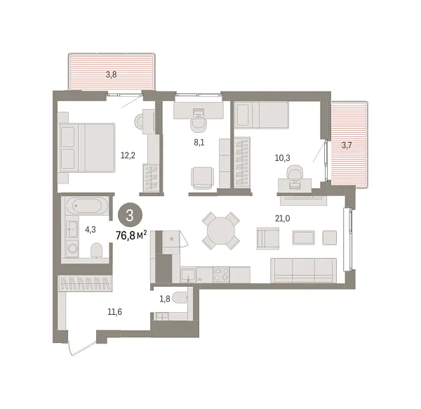 Новая 3-к квартира
 76.8 м² на 7/9 этаже в ЖК «Брусника в Новоселье» в городе Тюмень 
