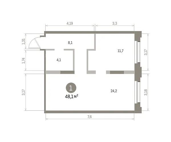 Количество комнат: 1,  48.1 кв.м.