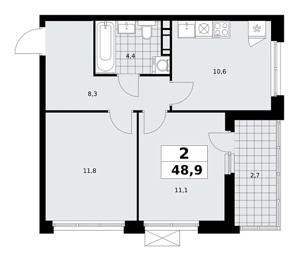 Новая 2-к квартира
 48.9 м² на 11/18 этаже в ЖК «Скандинавия» в городе Тюмень 