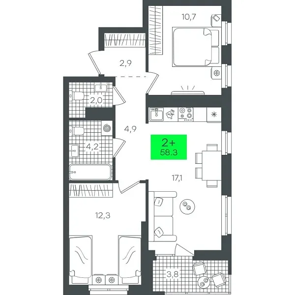 Новая 2-к квартира
 58.35 м² на 21/22 этаже в ЖК «Гранд Квартал» в городе Тюмень 