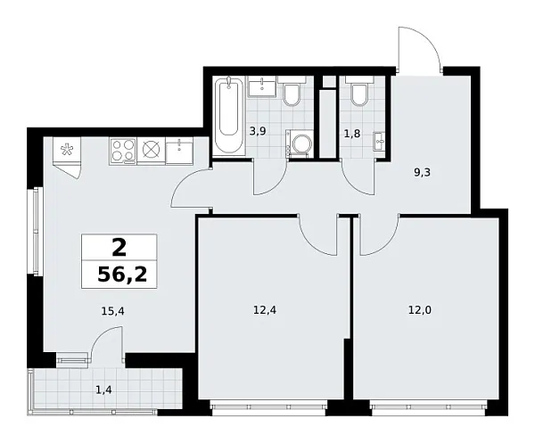 Новая 2-к квартира
 56.2 м² на 8/9 этаже в ЖК «Родные кварталы» в городе Тюмень 
