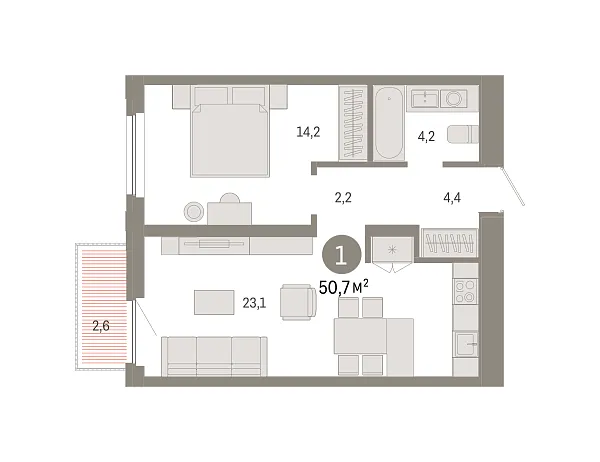 Новая 1-к квартира
 50.66 м² на 14/16 этаже в ЖК «Зарека» в городе Тюмень 