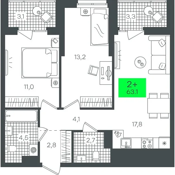 Новая 2-к квартира
 63.14 м² на 20/22 этаже в ЖК «Гранд Квартал» в городе Тюмень 