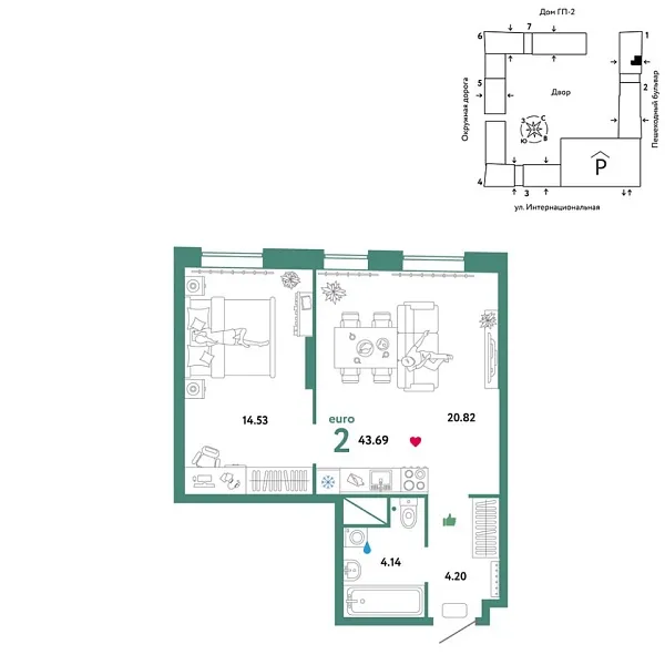 Новая 2-к квартира
 43.69 м² на 15/16 этаже в ЖК «Юнион» в городе Тюмень 