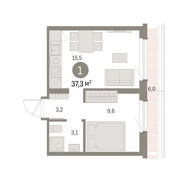 Новая 1-к квартира
 37.34 м² на 7/8 этаже в ЖК «Брусника в Академическом» в городе Тюмень 
