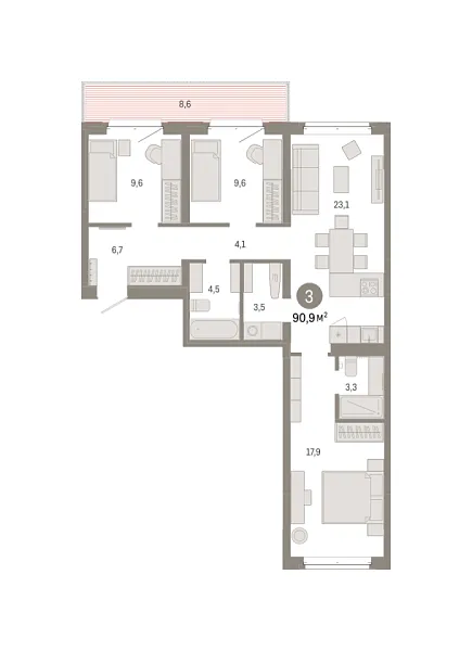 Новая 3-к квартира
 90.87 м² на 4/7 этаже в ЖК «Кварталы «На Минской»» в городе Тюмень 